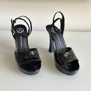 Ladies black patent heels with wrap around strap - Size 7.5 M